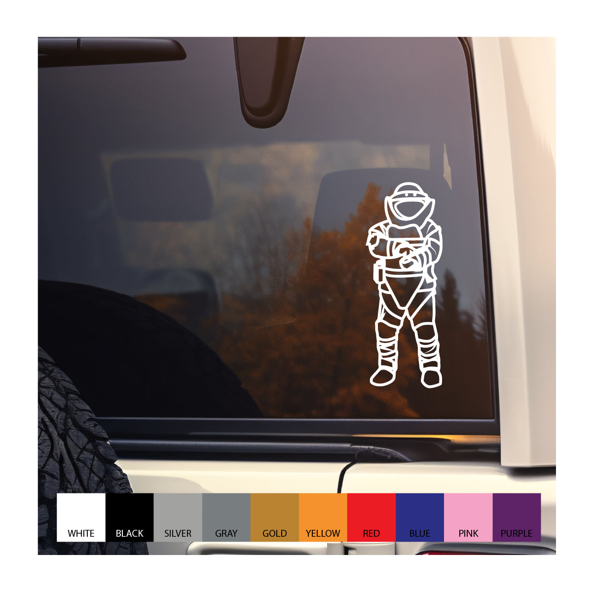 A vinyl decal of a person in an EOD (Explosive Ordnance Disposal) suit, designed for application on vehicle windows or other smooth surfaces.
